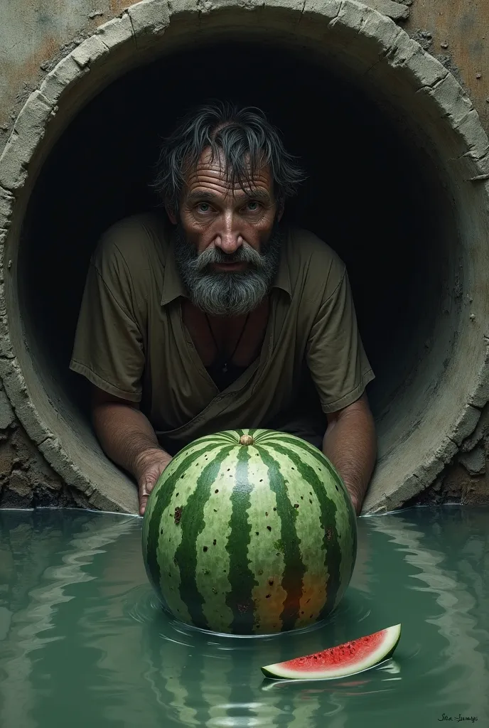 A ragged man inside a small pipe, Tight and circular very tight sewer drain, Lying down, And a watermelon at the mouth of the sewer floating in the water.