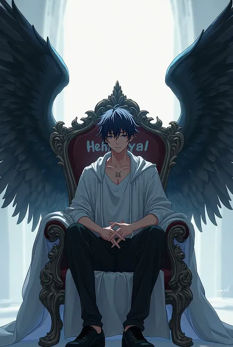 An male  anime character sitting on a chair with black wings at sides and name Hamayal written on it in 4k resolution 