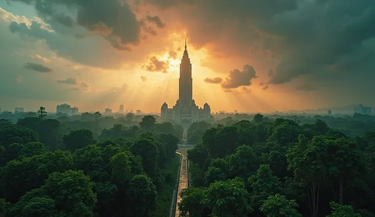 Doomsday,Thailand landmark,Samut Prakan Province,are covered with trees,images, landscape , high view ,The towering building stands out, Sky Black , Sunset,Shining ,, the highest resolution,4K,HDR,high technical photos,studio photos,Colorful, bokeh