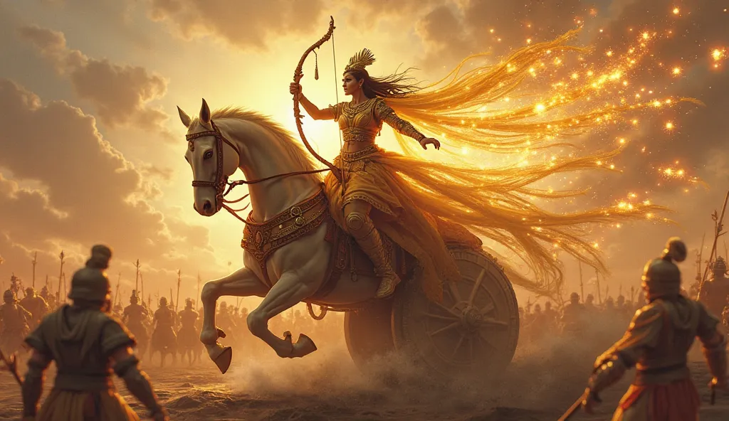 The arrows should be shining and releasing so many from bow a warrior with gold color dress and on chariot at Mahabharata