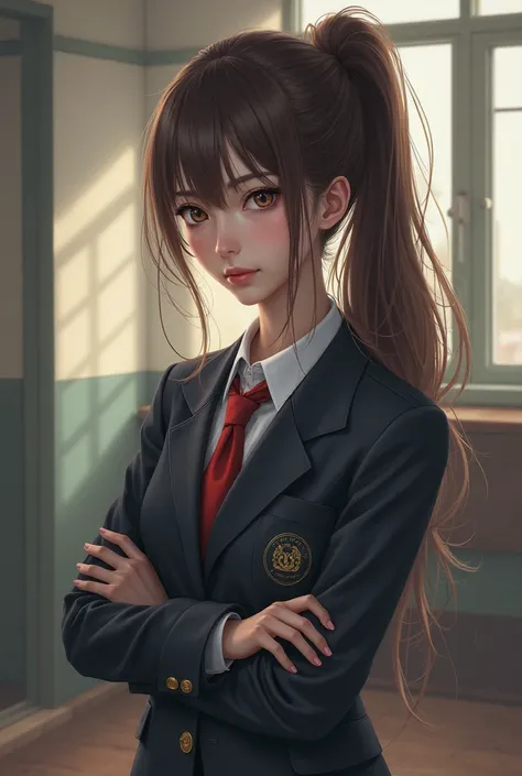 long dark brown hair,hazel eyes ponytail wears school uniform