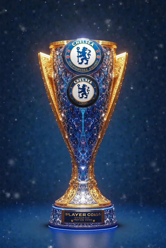 Create a luxurious trophy design for Cole Palmer's London Football Awards 'Player of the Year' and 'Goal of the Year' wins. Incorporate Chelsea FC's colors and logo, with gold and silver accents. Add sparkling diamond-like details and a sleek, modern shape...