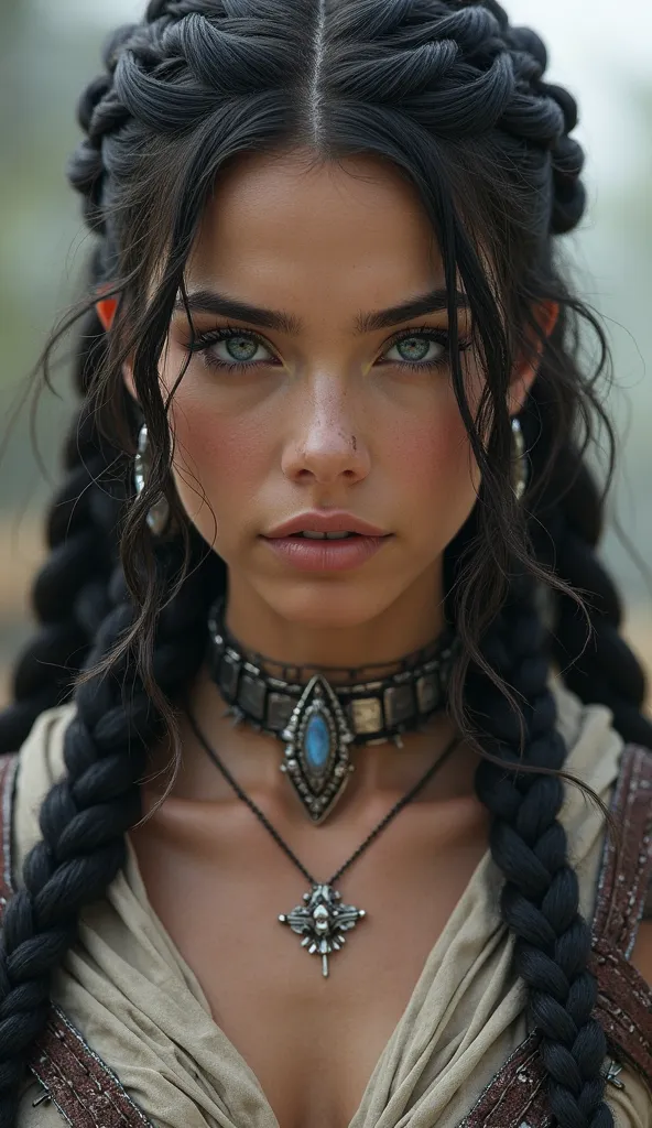 Female warrior bust, intricate black French braids, blue eyes with long eyelashes, metallic choker 