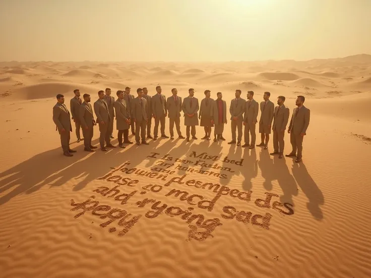 In a desert you can read letters in the sand, I'll be back as soon as I can , Around the text there are many people looking at the text