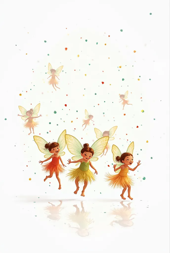 illustration of cute pixie fairies jumping around on white background
