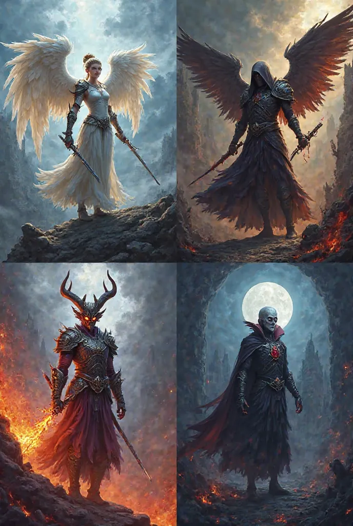 Create four images of different warriors being an angel,A Necromancer with,um demon e um vampiro(an image of each)