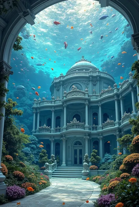 a villa with an aquarium weighing all the way around the house with lots of fish and beautiful ultra-realistic color 