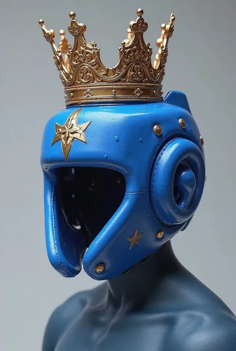 Create realistic images of a blue kicboxing fighter helmet. Add a king's crown slightly tilted to the side on top of the helmet
