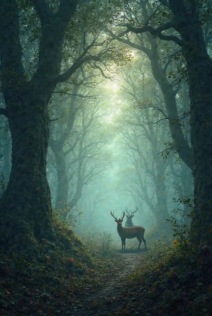 A forest with many trees and fog 