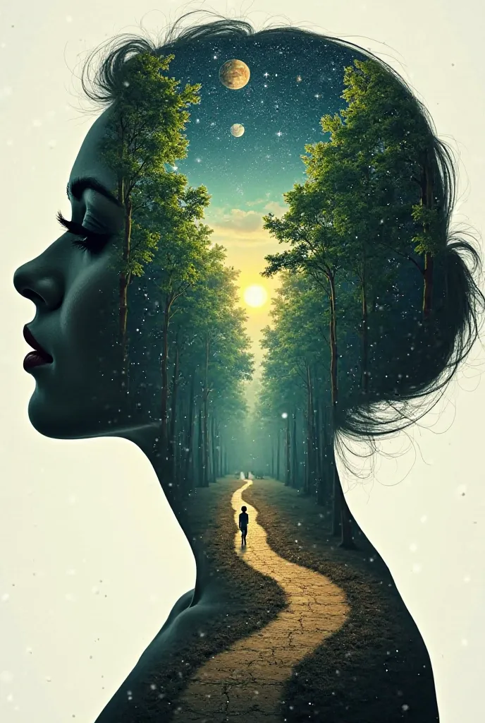 A surrealistic representation of a woman's profile. Within her silhouette, there's a picturesque scene of a lush green forest leading to a road. A lone figure heart break 💔 stands at the end of the road, gazing into the distance. Beneath her, there's a cos...