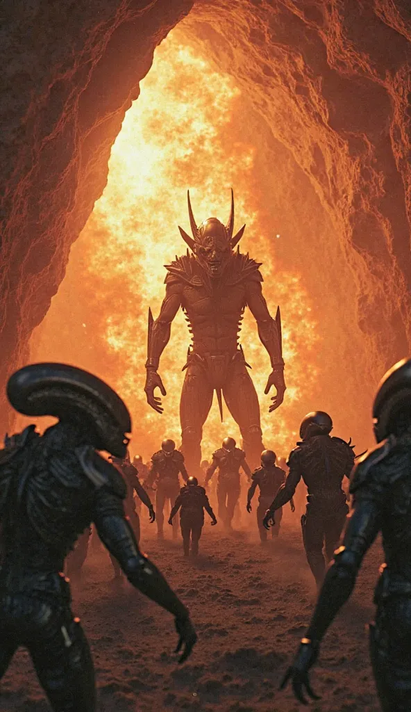 3DCG, cave landscape, conveys a sense of power and intimidation, (((Alien Horde))), in the middle of the aliens stands a large werewolf warrior, from which huge flames erupt, swarms of aliens rush in, there is a large alien in the background,