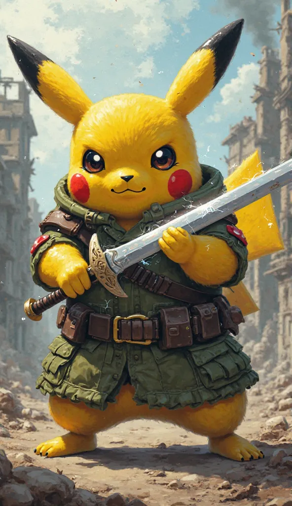 A realistic anime cartoon pikachu soldier holding a sword