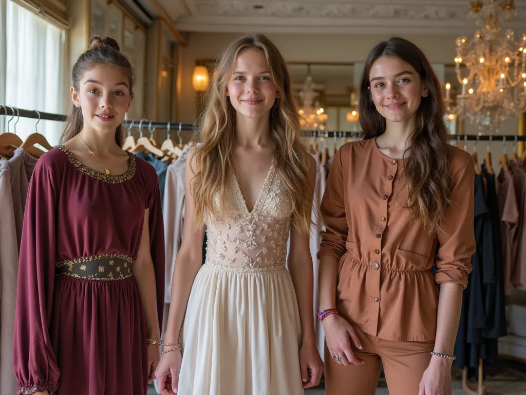 Three girls aged 14 and 15, tries on modern, expensive haute couture clothes,
 while in another boutique called “LIDER STOTE”, this inscription is highlighted.
 The clothes girls try on, надпись «LIDER COUTURE”. 