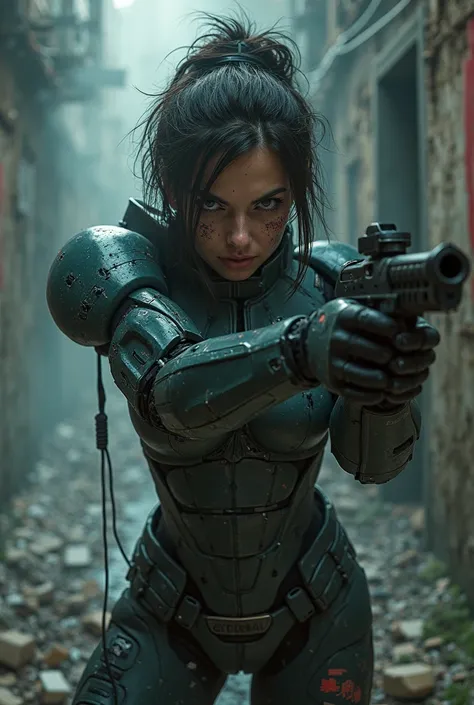 Bottom-Up Isometric, Full body perfection dynamic angle. A woman cosplay robocop in a sleek, battle-worn cyberpunk exo suit sneaks through a dark, cramped broken with living bio robotic-covered walls. Her intense and focused Angry pose with clenched fists ...