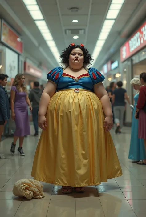 Fat body snow white  sad face in mall elsa an Rapunzel laugh in background 