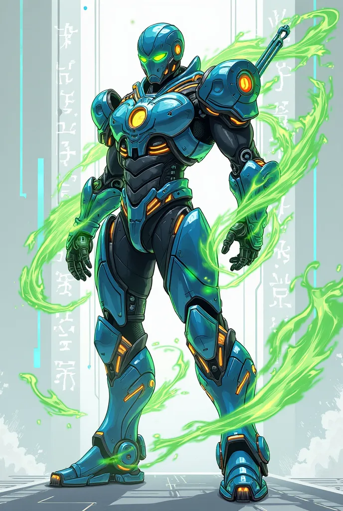 Anime render, Green Lantern anime vector art, wearing heavy Cyberpunk armor, the Chinese cyberpunk Warrior armor is dominantly blue and white, add cyber orange detail, orange energy flow, Blue energy splash, green energy swirling around the armored charact...