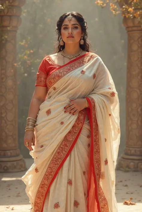 bride who has a big round face,fat in size , wearing cream saree with red border