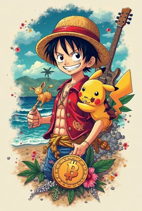 Give me a tattoo idea or you : luffy stitch pikatchu et bitcoin en couleur stp avec la plage mer   avec une guitare