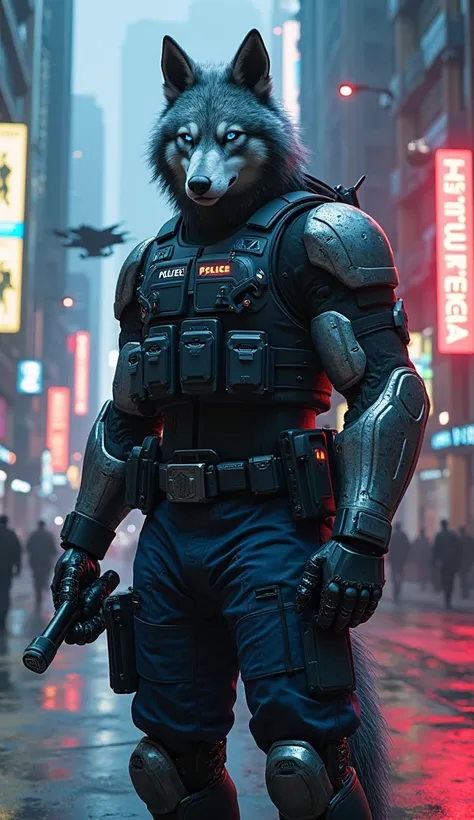 ((Ultra-realistic, cinematic full-body shot of a towering Mecha Lobo Policial, clad in a tactical, high-tech police uniform. His sleek, armored frame is covered by a reinforced navy-blue patrol suit with black protective padding along the shoulders, forear...