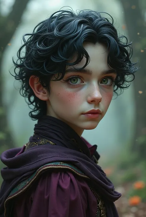 A  boy or young person  ,  white skin , No sign on the face , wavy black hair , green eyes , Wine or purple clothes , It came out of a fantasy book 