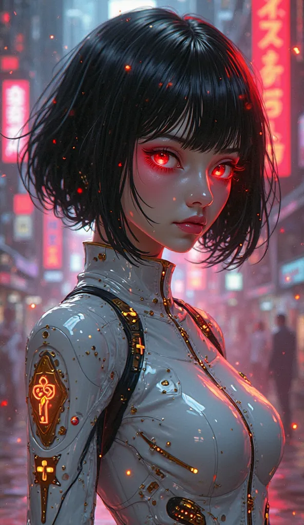 Create a futuristic anime-style illustration with a strong cyberpunk aesthetic of a female figure with dark skin and short shiny black hair, with neon reflections that simulate urban lights. La figura tiene ojos reds intensos que brillan con un leve efecto...