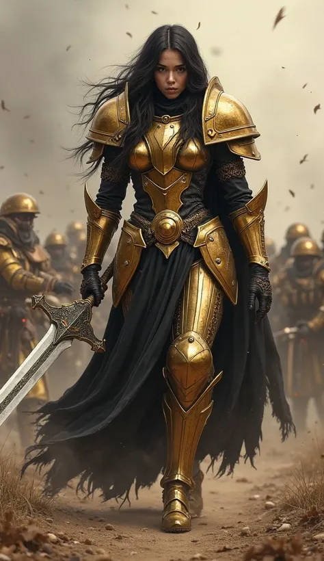 ((Hyperrealistic)) Warhammer 40k Sister of Silence walking solo on a battle from w40k lore in brass/bronze plate armor and a Energy-imbued power-sword. (The character has long two toned black and gold hair).