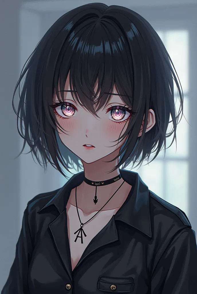 Anime type with short black hair wearing light skin lenses with black clothes and a necklace with the initial A