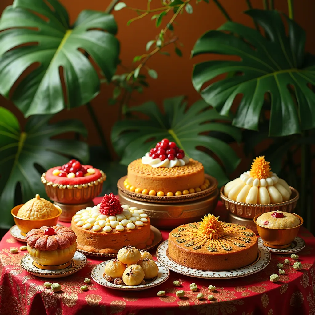 Sinhala and Tamil New Year, sweet table ,beetle leaves , cakes, kawum, and other sweets around the table, real.