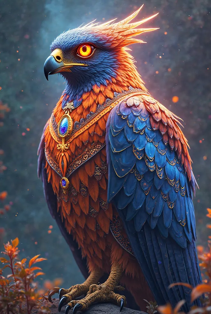 reate a detailed and colorful image of a majestic, mythical falcon with elaborate and intricate designs. The bird should have a vibrant, glowing plumage with bright orange, blue, and purple tones. The feathers should be sharp and detailed, with tribal-like...