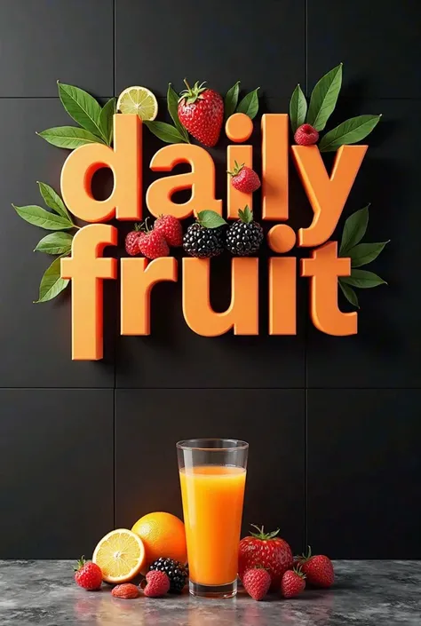 Slogan “ Daily fruit “ 3D text with fruit in black background wall and in front glass of juice in table lol