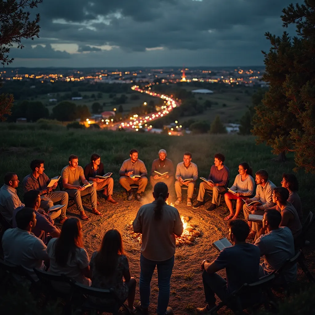 A peaceful countryside retreat, where a diverse group of people sit in a circle around a bonfire, holding Bibles and singing hymns. A preacher stands in the center, passionately delivering a sermon. In the distance, a winding road leads toward a brightly l...