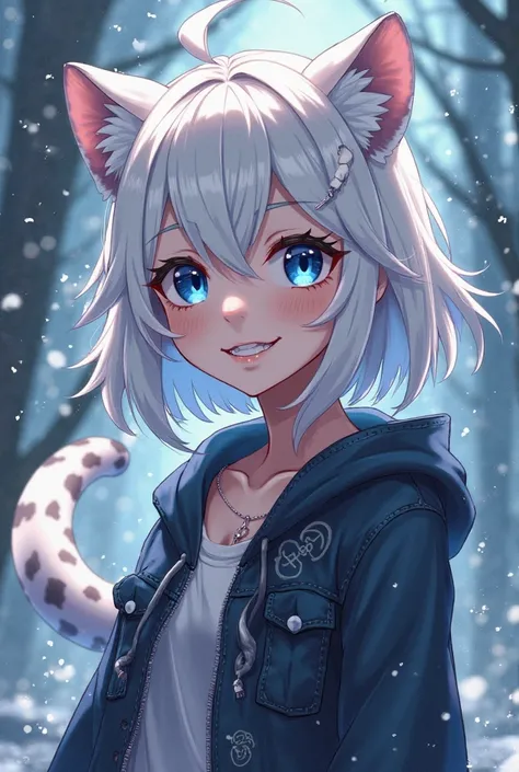 Anime boy with snow leopard ears and tail, white hair, blue eyes, emo, , mischievous grin