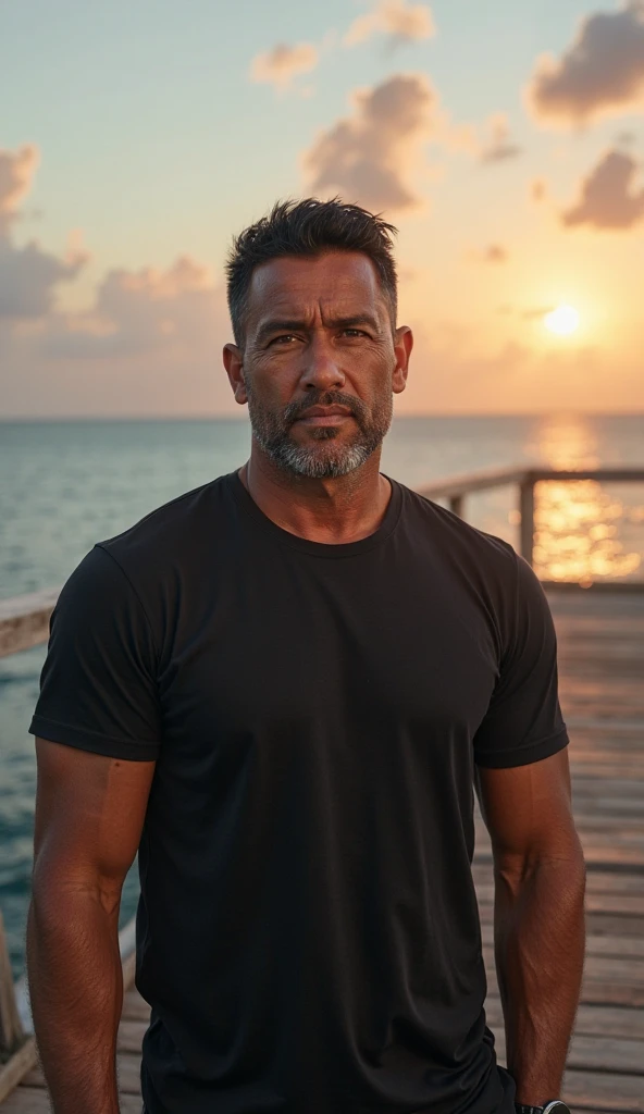 (photorealism:1.2), A handsome Indonesian man, wearing a t-shirt of black color,  40 years old , standing on the pier, sea dock background, sunset, cloudy sky.