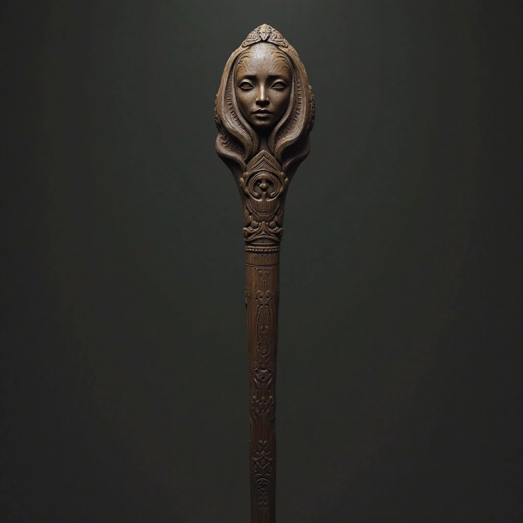 A black wooden staff with a carved female face 