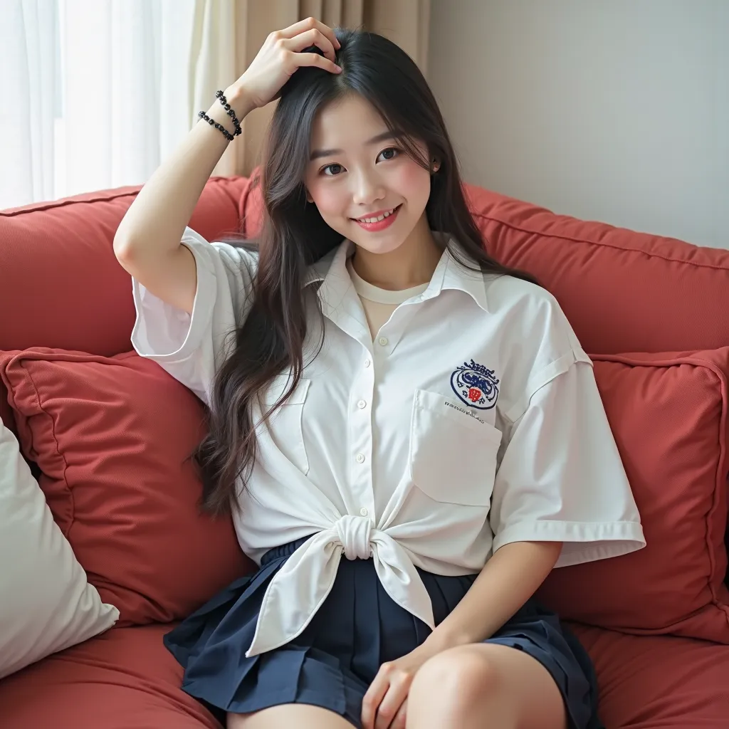 A young cutie sassy Ulzzang kawaii highschoolgirl with big breasts seductively sexualy provoke erotic posing on a soft bulginess couch,taking a realistic photo,A beautiful cutie naughty big breasts(((perfect figure,bright white radiance skin,oval face shap...