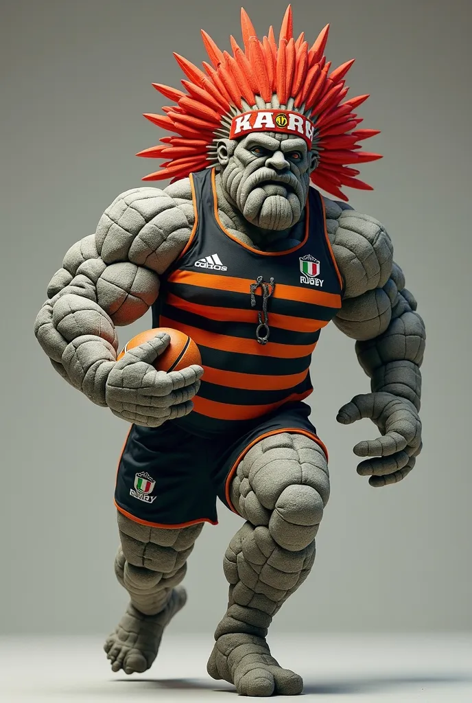 (photorealism:1.2),man with a muscular body made of several pieces of stones spaced between them, with a robust and powerful appearance. He wears a black and orange uniform with horizontal stripes,  representing the team  "Ita Rugby". Its head is decorated...