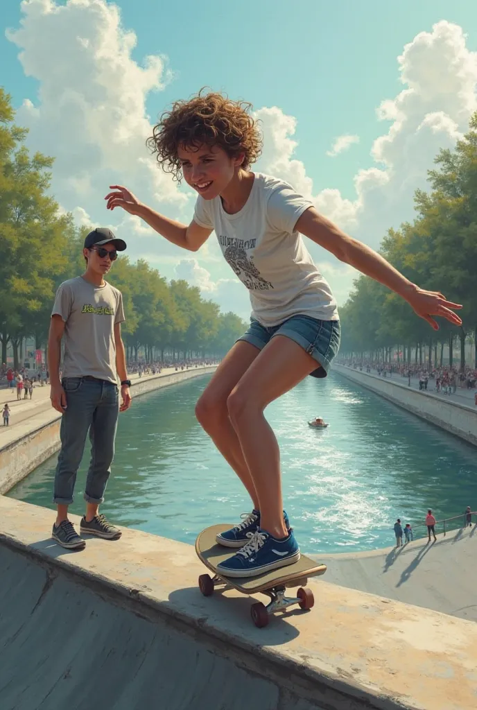 Please make me a picture of a 17-year-old skater as realistic as possible.  She has short ,  curly hair. Wears a T-shirt and not a helmet. She is on a ramp doing cool tricks.  There is a river flowing in the background, A man is watching her , the girl is ...