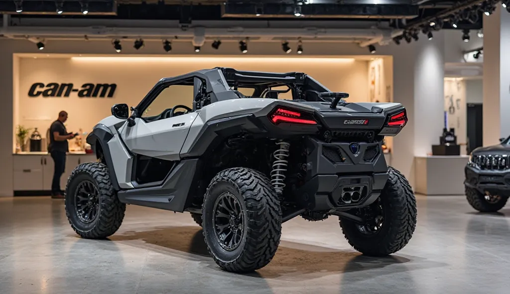 Give me 4k high quality high Resolution image of   2025 Can-Am canyon 
 features  Gray Colour back side view with showroom 
With name print on the Wall 