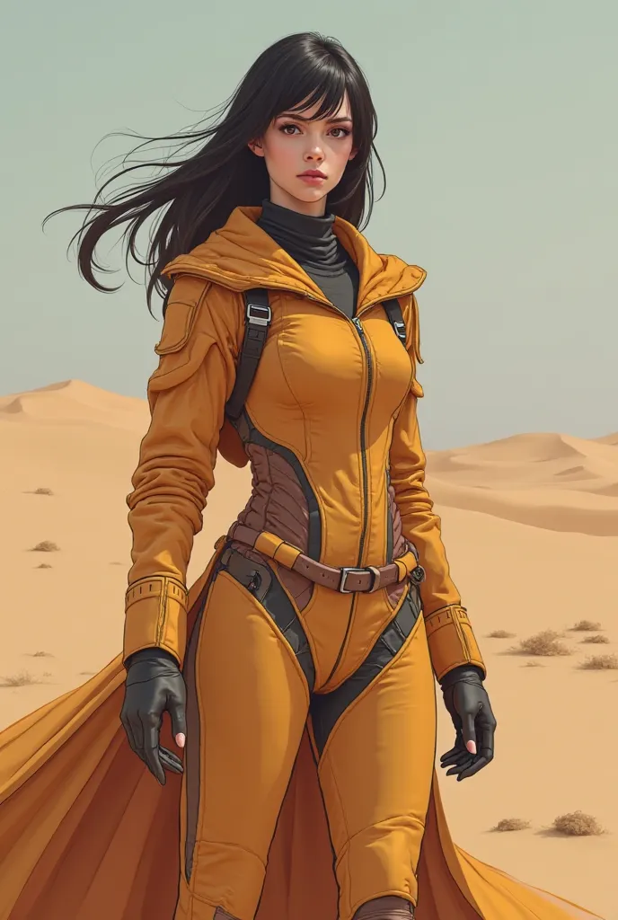 Represent me with a full body, a 20-year-old girl with dark hair, wearing a sandworm rider suit (a jumpsuit made of a dress. With a skirt that reveals the shapes of her body like the brand) sandworm guard

