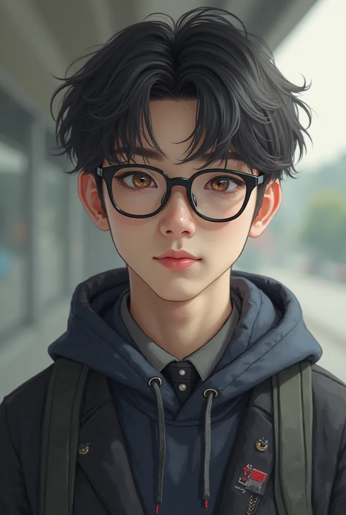 He is 18 years old without a beard and is tall Korean and has a well-defined body, thick lips, brown eyes, Black hair dark glasses, He wears school uniforms likes a powerful car and has a sharp eye and is the leader of his group