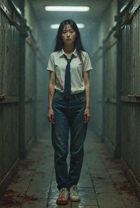 Picture a tall, skinny Korean woman wearing jeans, a white t-shirt, a navy blue tie, white sneakers, and bleeding after being harshly tortured at Seodaemun Prison