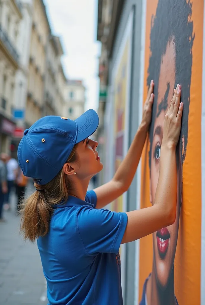 Photographie professionnelle ultra réaliste d'une femme portant une casquette bleu et un polo bleu, blanc orange entrain de placer une affiche sur un grand panneau publicitaire. L'affiche fait la promotion de la journée internationale des droits de la femm...