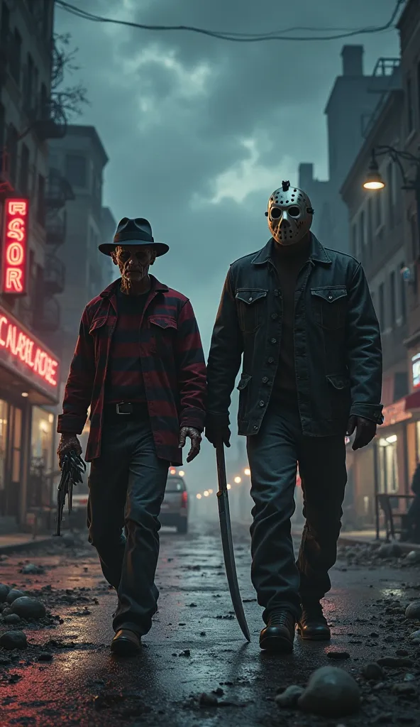 freddy kruger and jason walk side by side through the city at night 