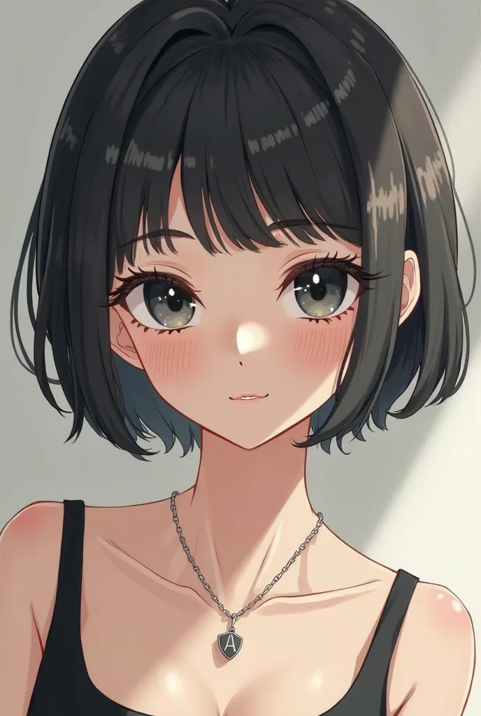 Anime type with lenses, short black hair, black eyes with fair skin and a necklace with the initial A