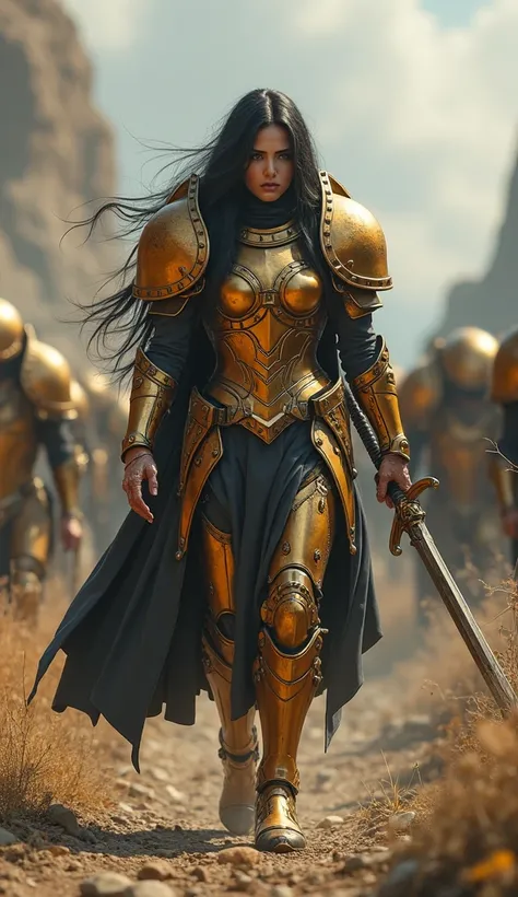 ((Hyperrealistic)) Warhammer 40k Sister of Silence walking solo on a battle from w40k lore in brass/bronze plate armor and a Energy-imbued power-sword. (The character has long two toned black and gold hair). Add a power back-pack on her back.