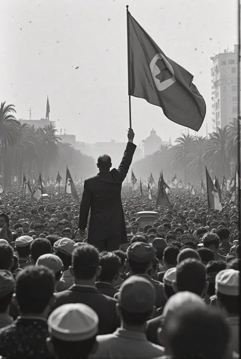 A powerful black-and-white scene of Habib Bourguiba addressing thousands of Tunisians in a public square. The people wave Tunisian flags as he declares the nation’s determination for independence. The shot is filled with hope and energy, resembling histori...