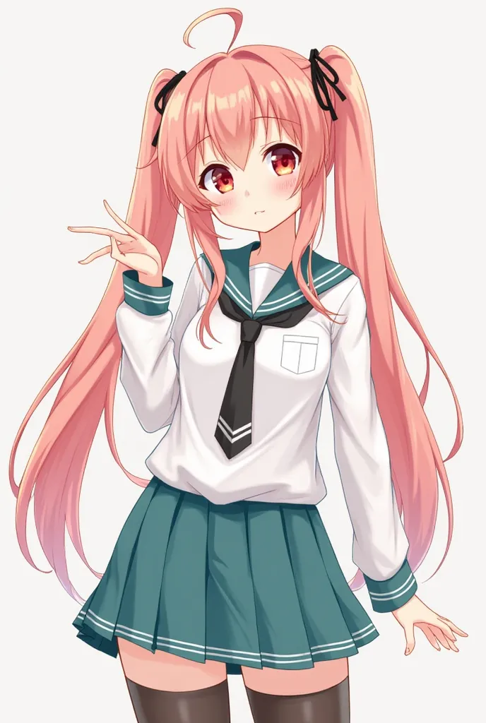 Create me an image of a cute middle school girl with red eyes and very long, light coral-colored hair that is usually tied on both sides with black riborns in a twintails hairstyle. She also has an Anime antenna hair that always sticks out on the top of he...