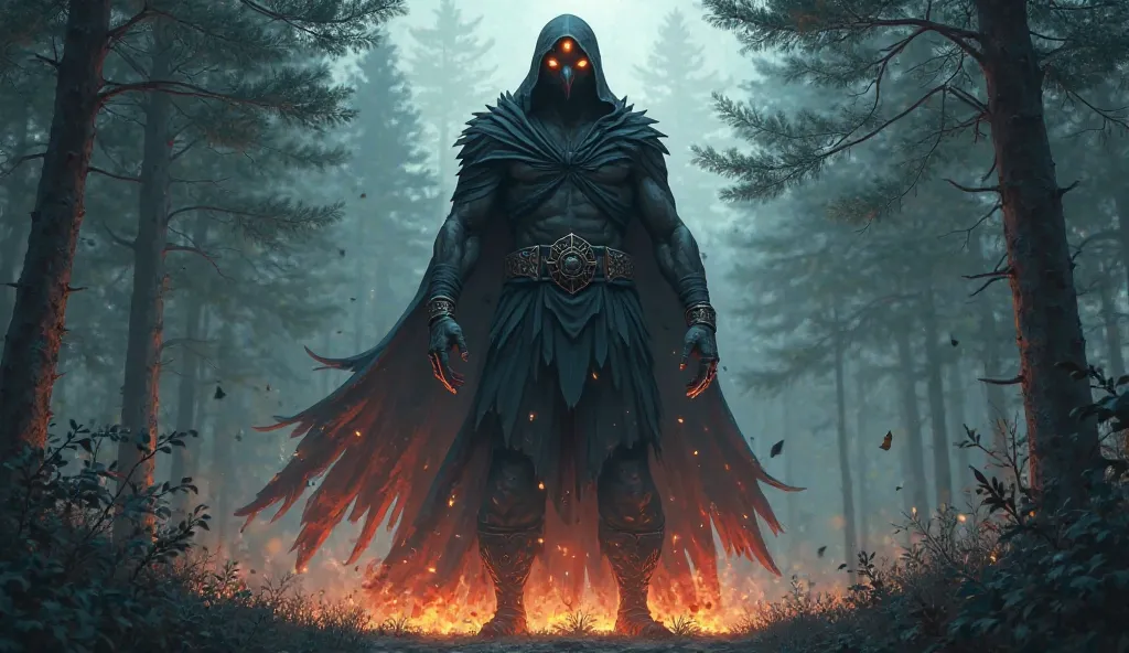 Anime-style artwork of a towering figure emerging from the shadows of the forest. Blazing Crow is draped in a black hooded cloak, his flaming eyes glowing brightly. His presence is menacing, with Blazing Crow's muscular chest showing off his belt and strik...