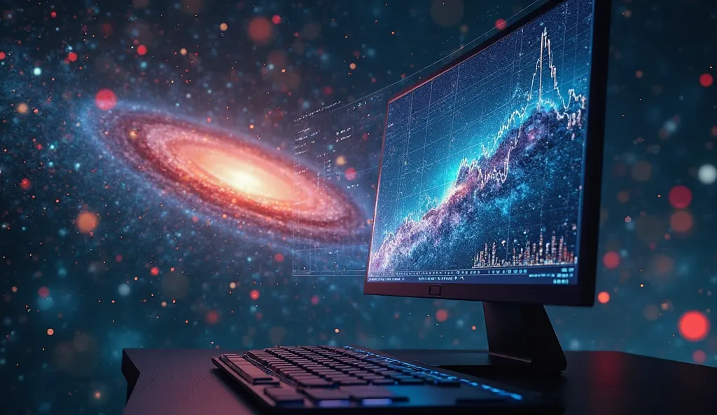 Create a fusion of images of a computer screen, showing growth graphs of a business merging with a galaxy. On the left, the screen with the graphics (you can see the pixels on the display), the image merges with the image of the galaxy on the left. The res...