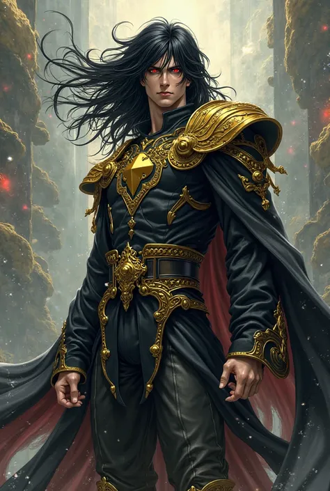 Cdz style.A man with big black hair swaying in the wind he has crimson red eyes and he wears a black robe with yellow details 